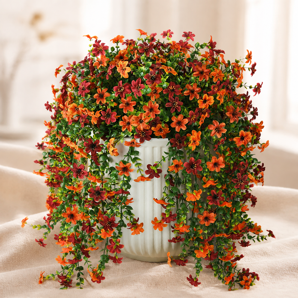 2 Bundles UV Resistant Faux Mums, Orange Burgundy Hanging Flowers, 25.6 Inch Fall Decor