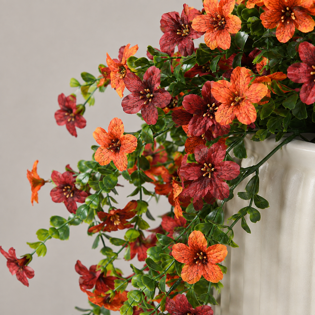 2 Bundles UV Resistant Faux Mums, Orange Burgundy Hanging Flowers, 25.6 Inch Fall Decor