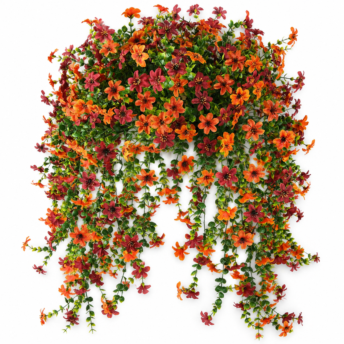 2 Bundles UV Resistant Faux Mums, Orange Burgundy Hanging Flowers, 25.6 Inch Fall Decor