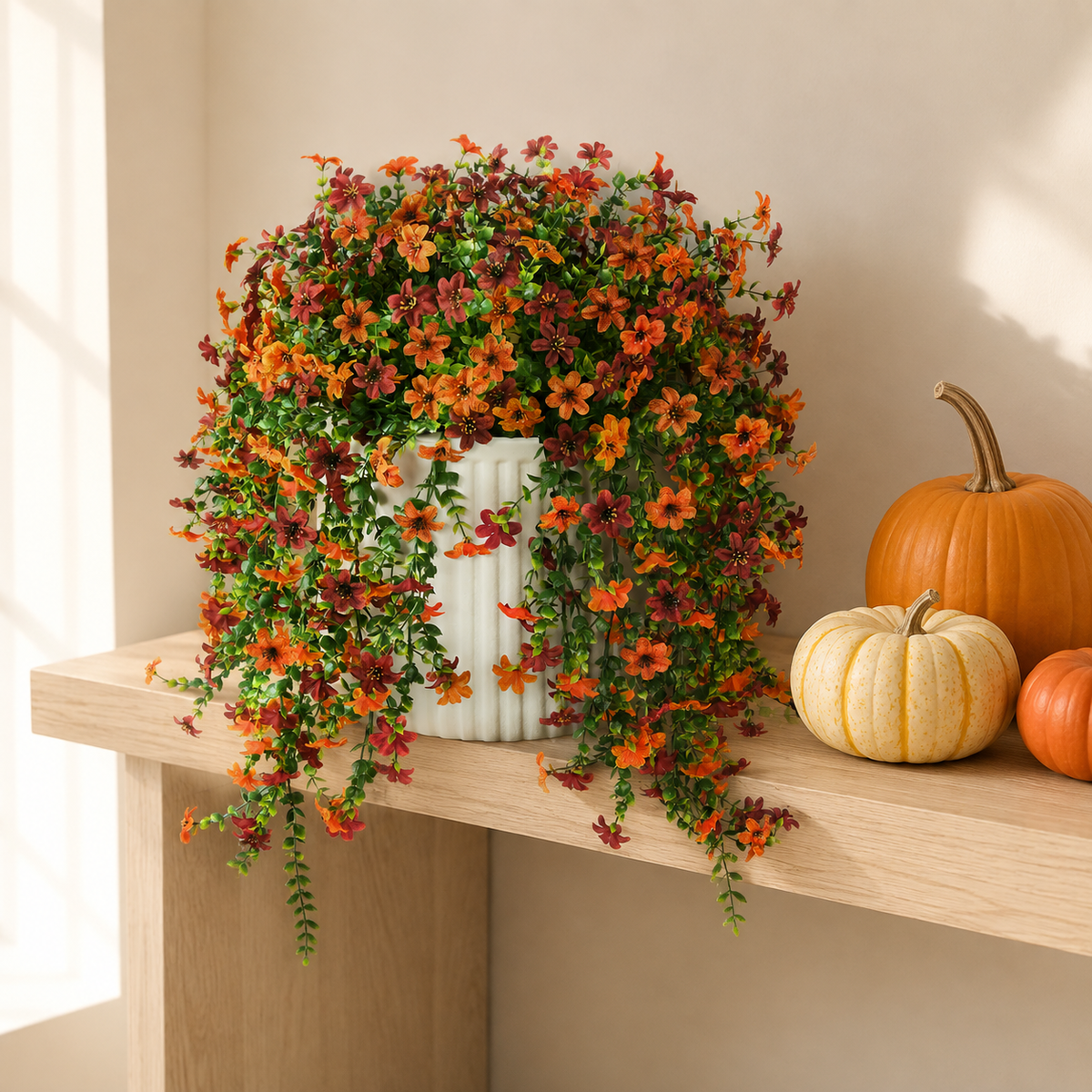 2 Bundles UV Resistant Faux Mums, Orange Burgundy Hanging Flowers, 25.6 Inch Fall Decor