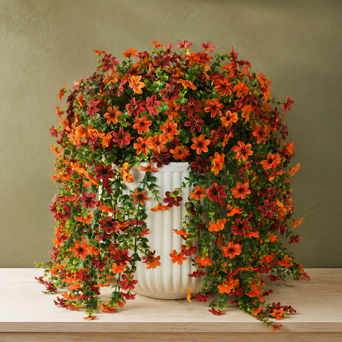 2 Bundles UV Resistant Faux Mums, Orange Burgundy Hanging Flowers, 25.6 Inch Fall Decor