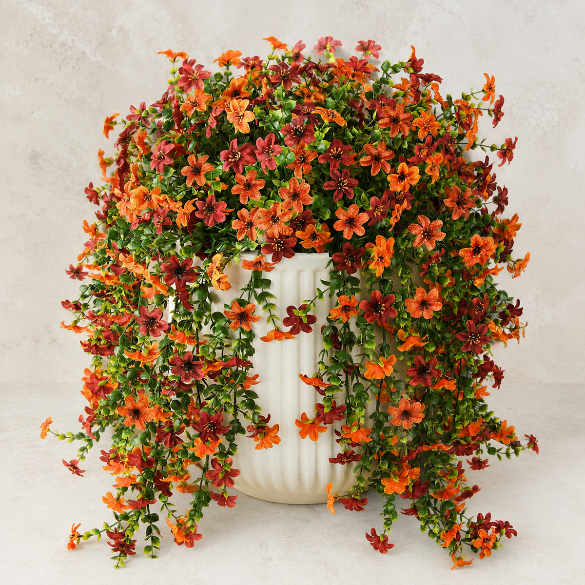 2 Bundles UV Resistant Faux Mums, Orange Burgundy Hanging Flowers, 25.6 Inch Fall Decor
