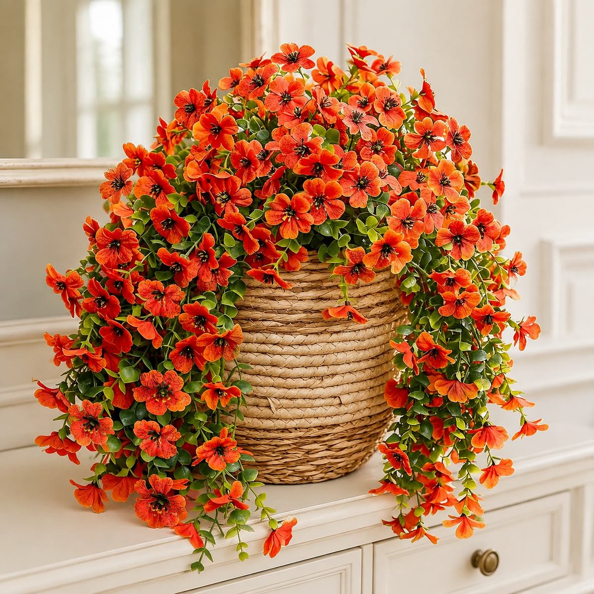 2 Orange Faux Mum Hanging Flower Bundles, UV Resistant Daisy and Eucalyptus Fall Decor