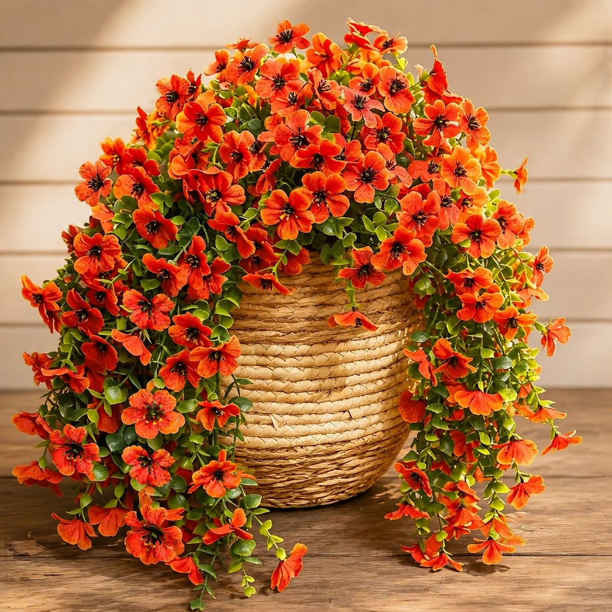 2 Orange Faux Mum Hanging Flower Bundles, UV Resistant Daisy and Eucalyptus Fall Decor