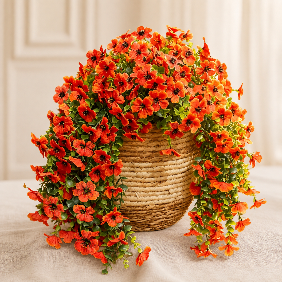 2 Orange Faux Mum Hanging Flower Bundles, UV Resistant Daisy and Eucalyptus Fall Decor