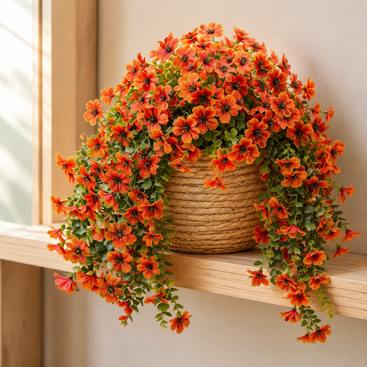 2 Orange Faux Mum Hanging Flower Bundles, UV Resistant Daisy and Eucalyptus Fall Decor