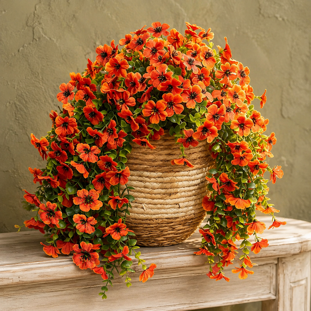 2 Orange Faux Mum Hanging Flower Bundles, UV Resistant Daisy and Eucalyptus Fall Decor