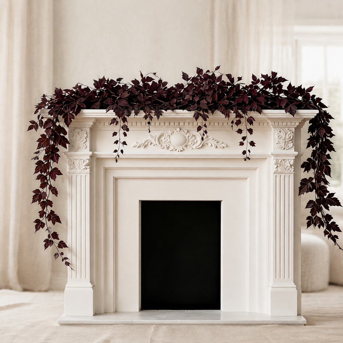 2 Pack 6 Ft Deep Plum Leaf Garlands, Burgundy Autumn Mantel and Table Decor