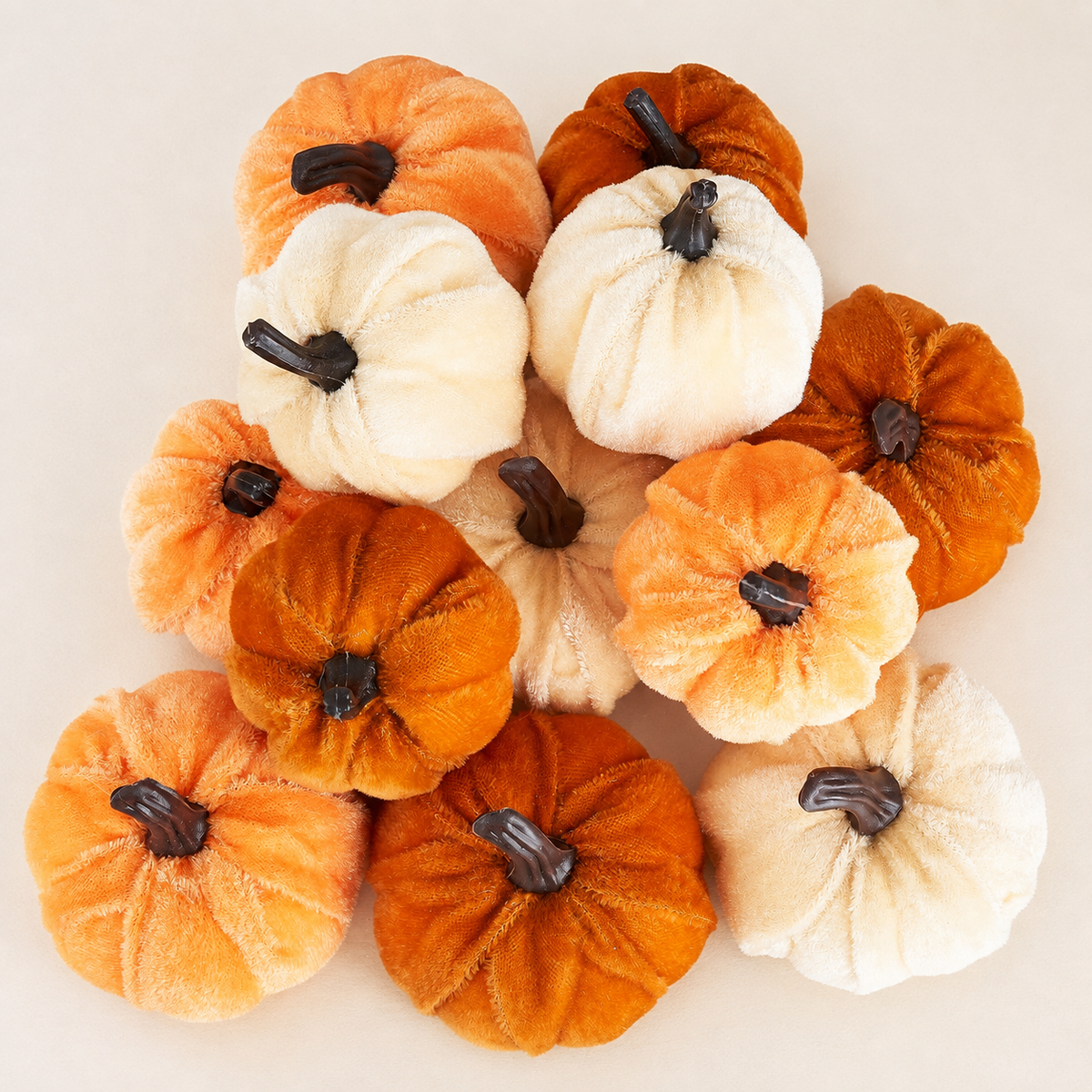 12 Mini Velvet Pumpkins, Orange Brown Champagne Fall Table and Bowl Filler Decor