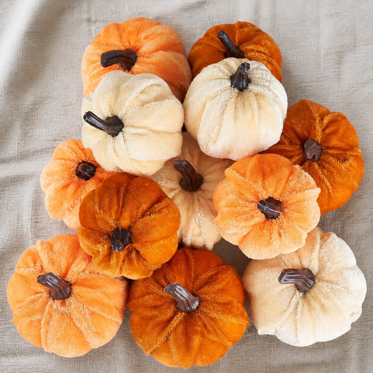 12 Mini Velvet Pumpkins, Orange Brown Champagne Fall Table and Bowl Filler Decor