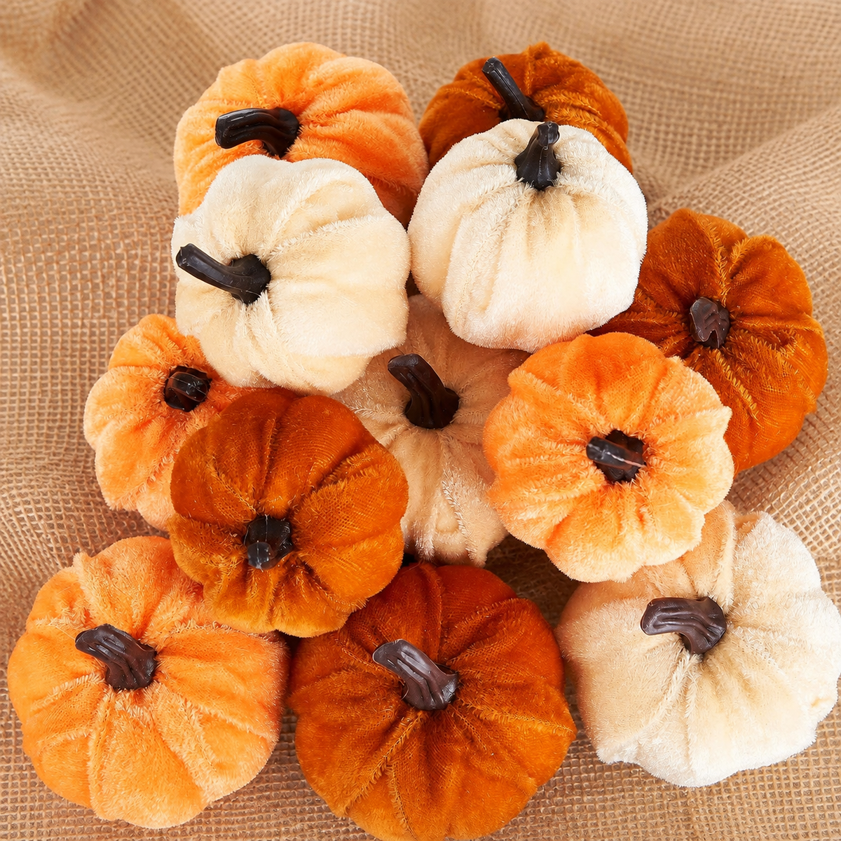 12 Mini Velvet Pumpkins, Orange Brown Champagne Fall Table and Bowl Filler Decor