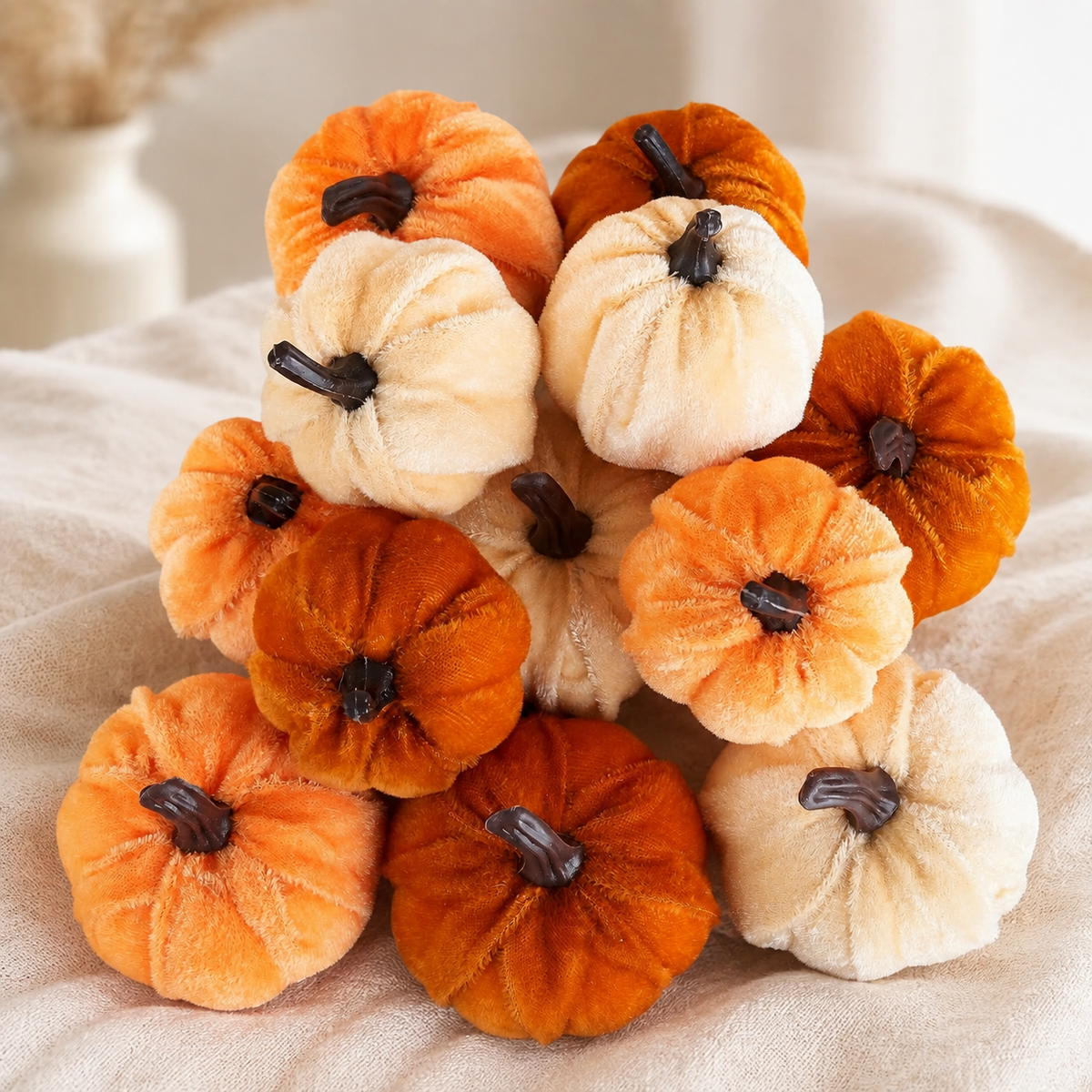 12 Mini Velvet Pumpkins, Orange Brown Champagne Fall Table and Bowl Filler Decor
