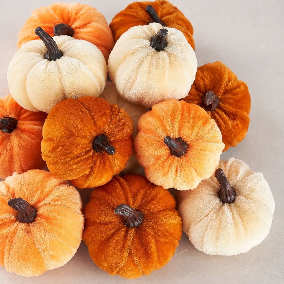 12 Mini Velvet Pumpkins, Orange Brown Champagne Fall Table and Bowl Filler Decor