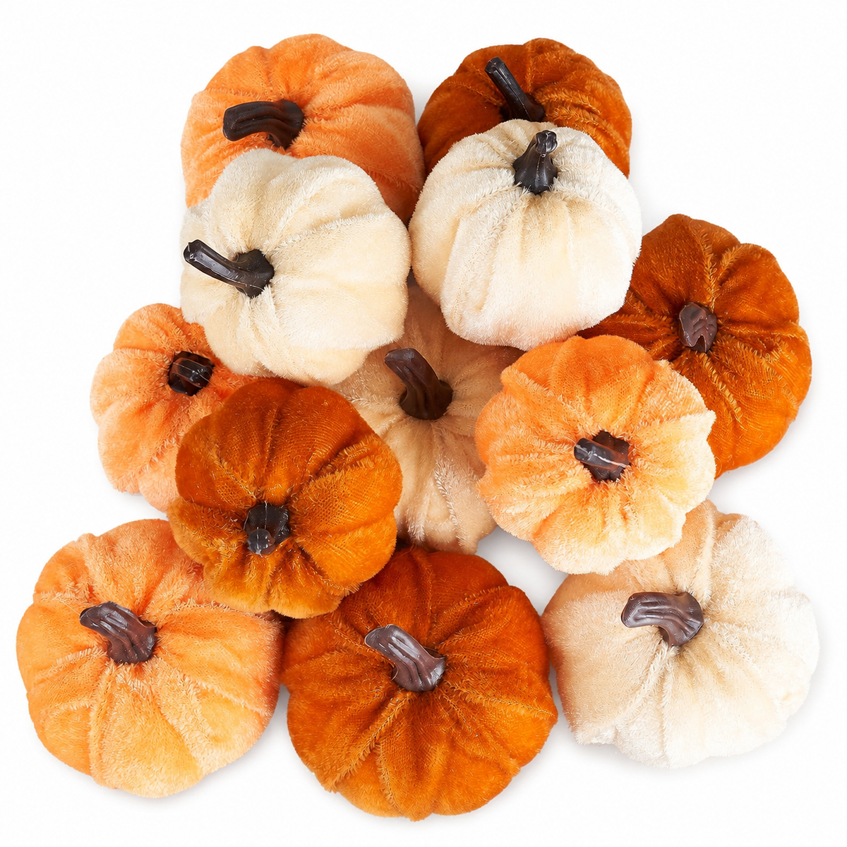 12 Mini Velvet Pumpkins, Orange Brown Champagne Fall Table and Bowl Filler Decor