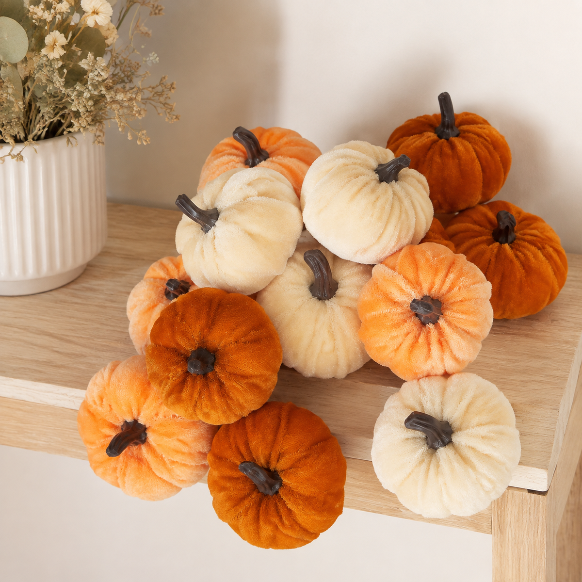 12 Mini Velvet Pumpkins, Orange Brown Champagne Fall Table and Bowl Filler Decor