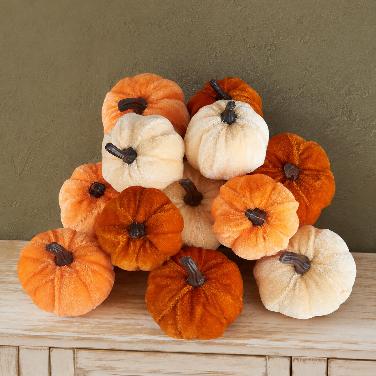 12 Mini Velvet Pumpkins, Orange Brown Champagne Fall Table and Bowl Filler Decor