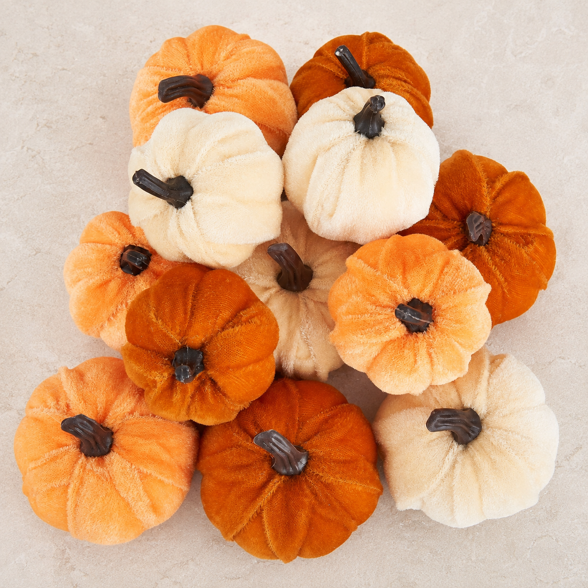 12 Mini Velvet Pumpkins, Orange Brown Champagne Fall Table and Bowl Filler Decor