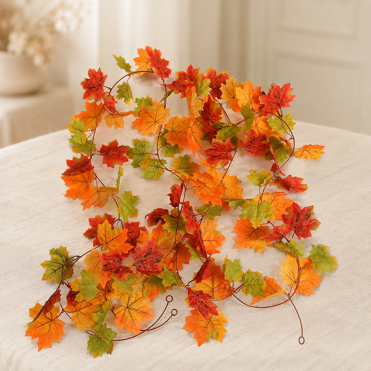 2 Pack 79 Inch Maple Leaf Garlands, Red Orange Green Autumn Mantel Decor
