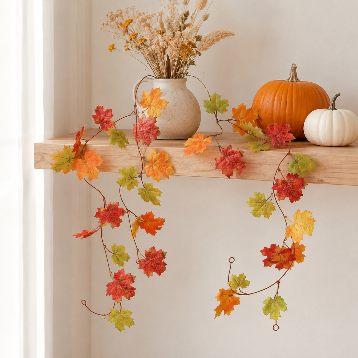 2 Pack 79 Inch Maple Leaf Garlands, Red Orange Green Autumn Mantel Decor