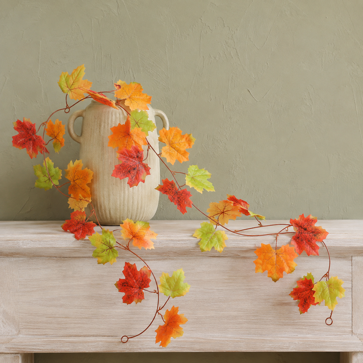 2 Pack 79 Inch Maple Leaf Garlands, Red Orange Green Autumn Mantel Decor