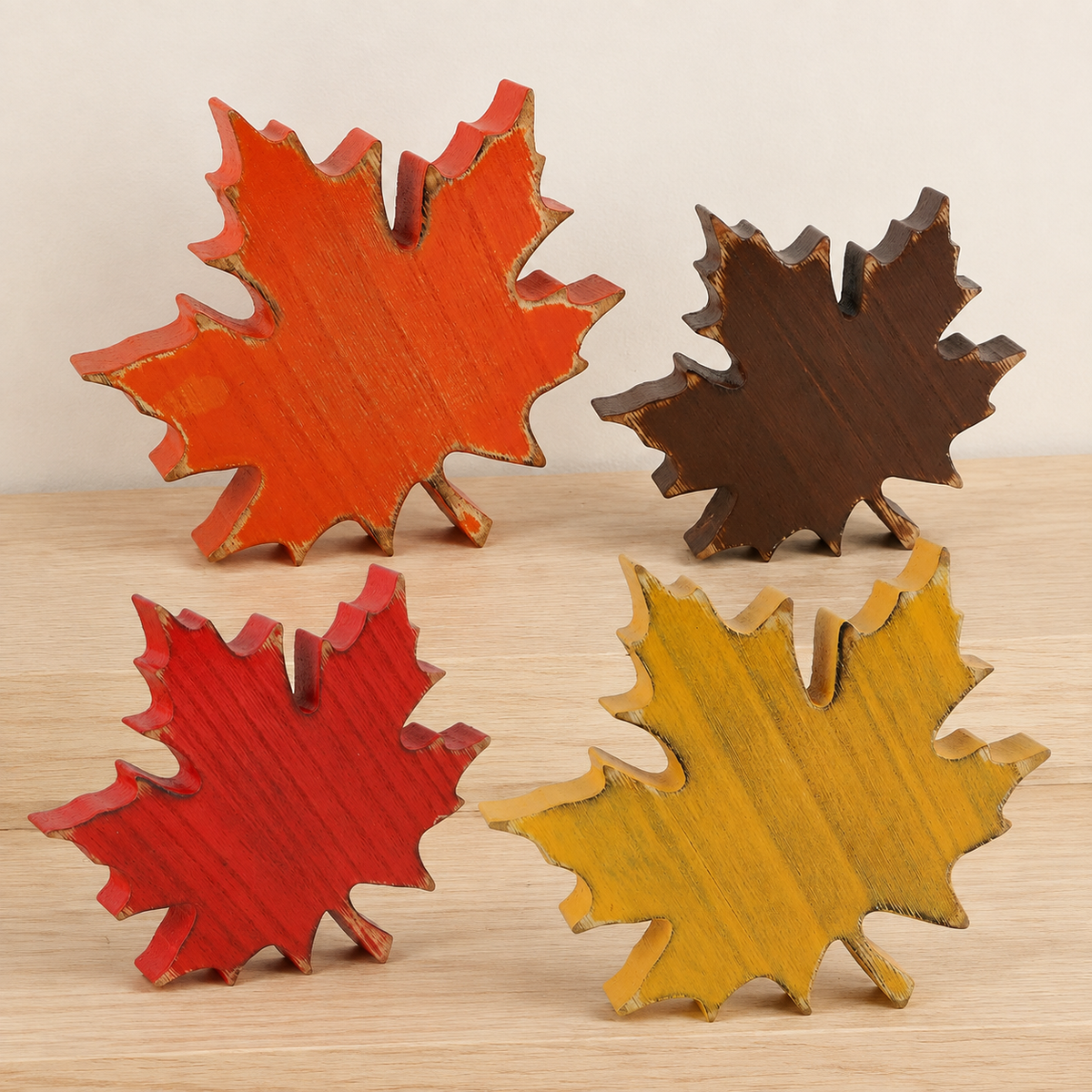 Wooden Maple Leaf Decor, Set of Four Autumn Shelf Sitters