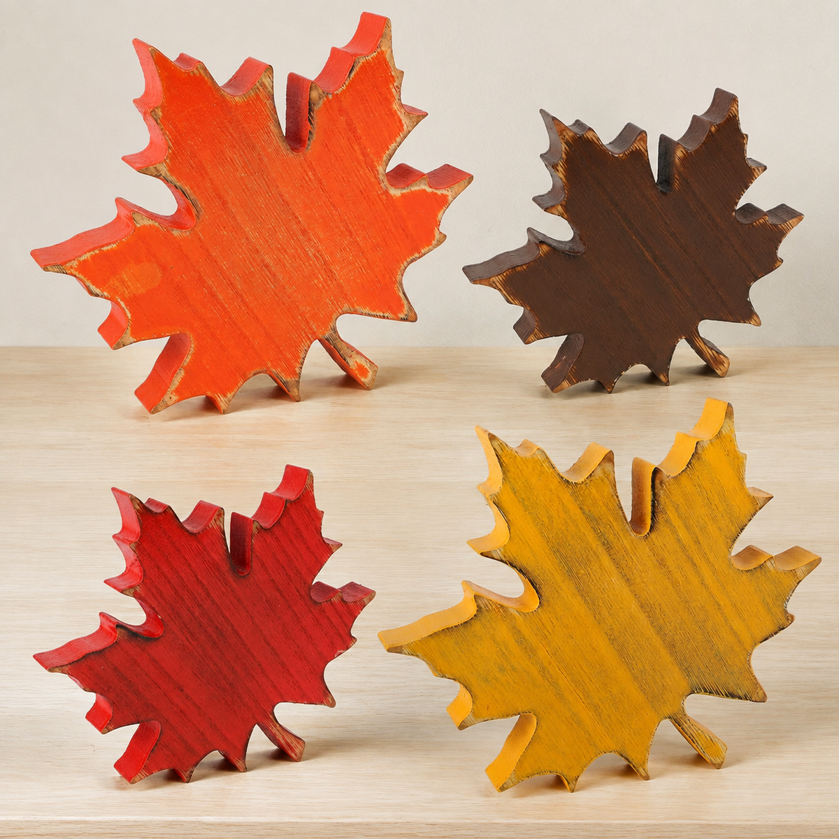 Wooden Maple Leaf Decor, Set of Four Autumn Shelf Sitters