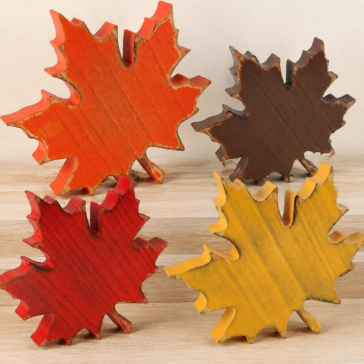 Wooden Maple Leaf Decor, Set of Four Autumn Shelf Sitters