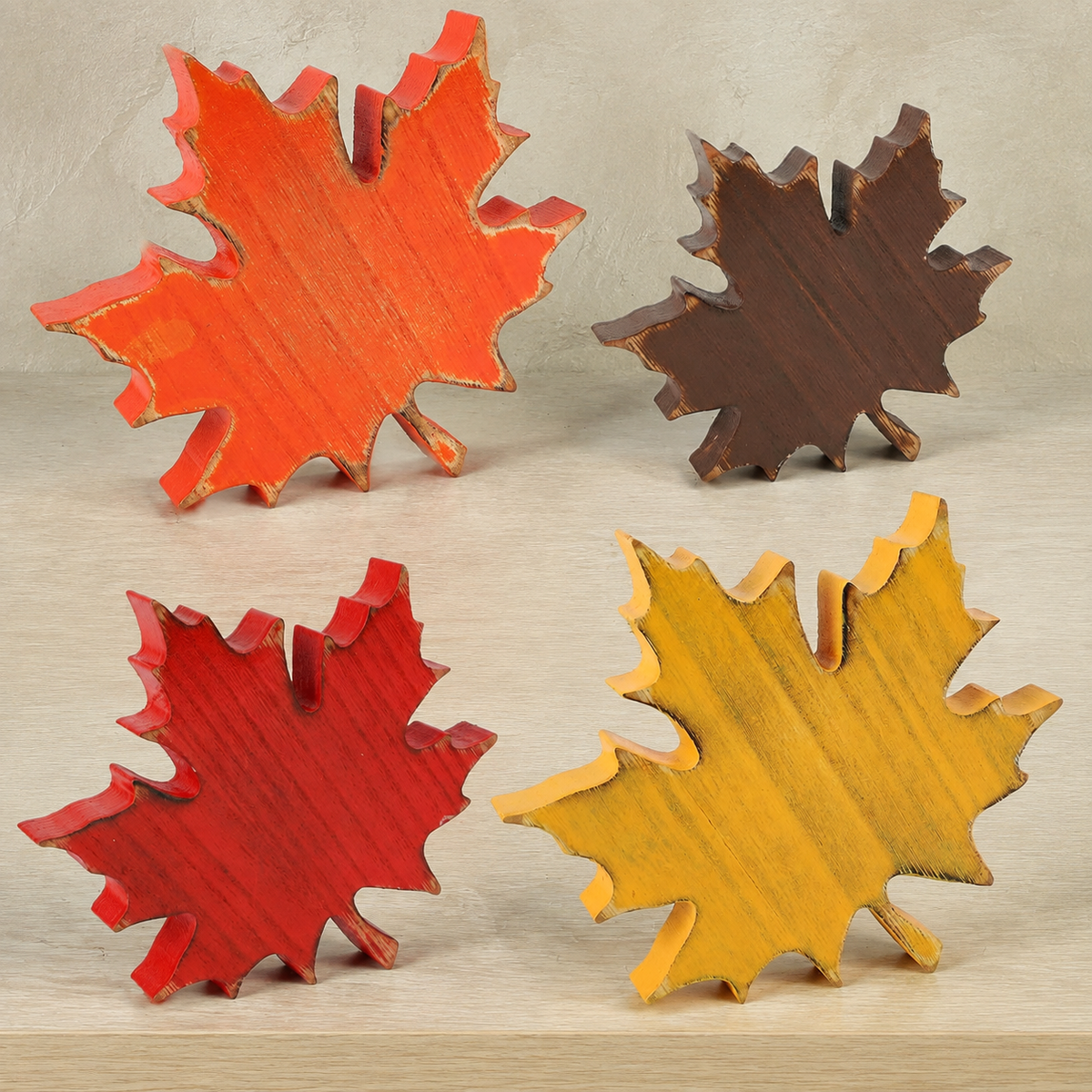Wooden Maple Leaf Decor, Set of Four Autumn Shelf Sitters