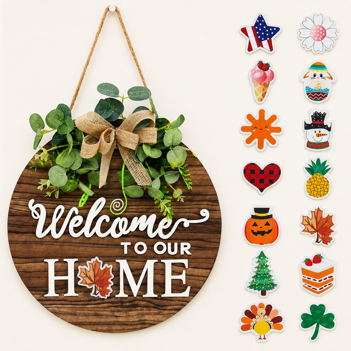12 Inch Round Welcome Sign with Seasonal Attachments