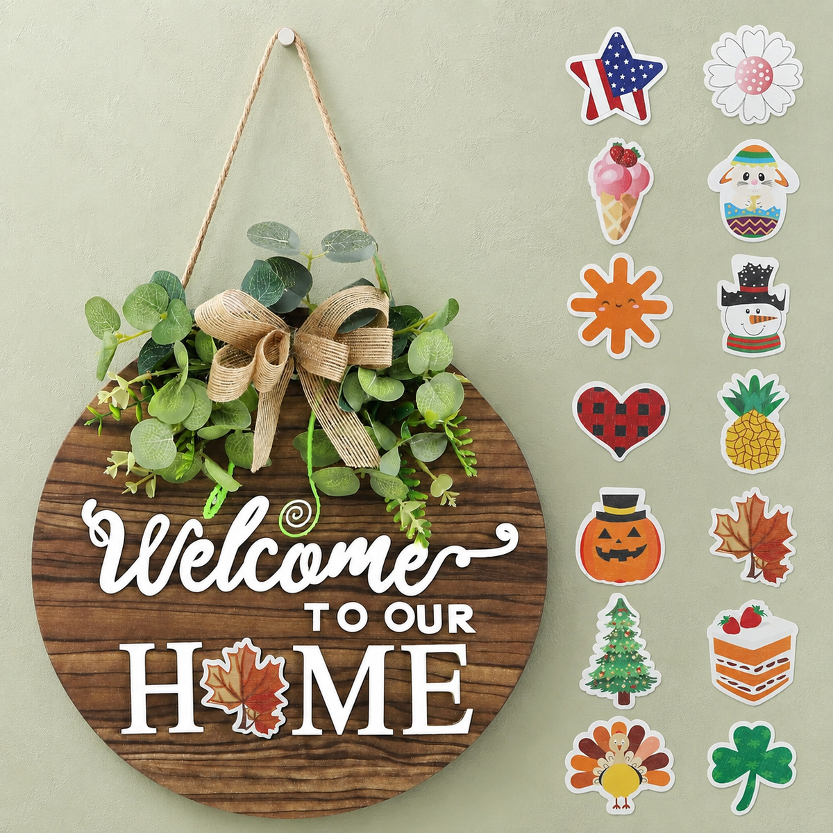 12 Inch Round Welcome Sign with Seasonal Attachments