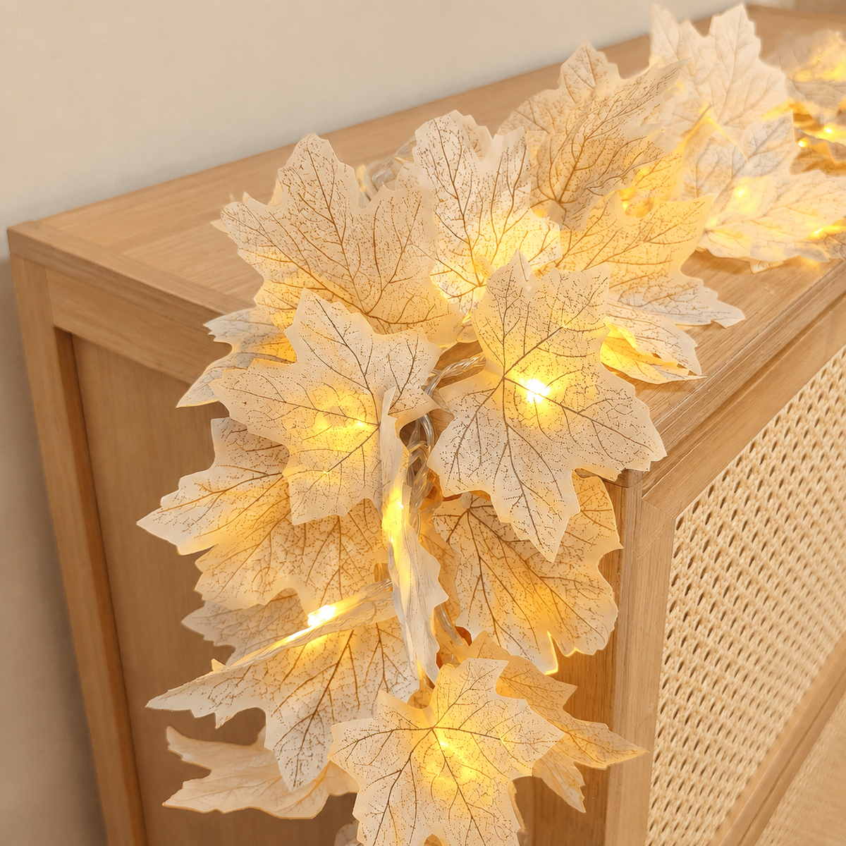 Two White Maple Leaf Garlands with Warm LED Lights