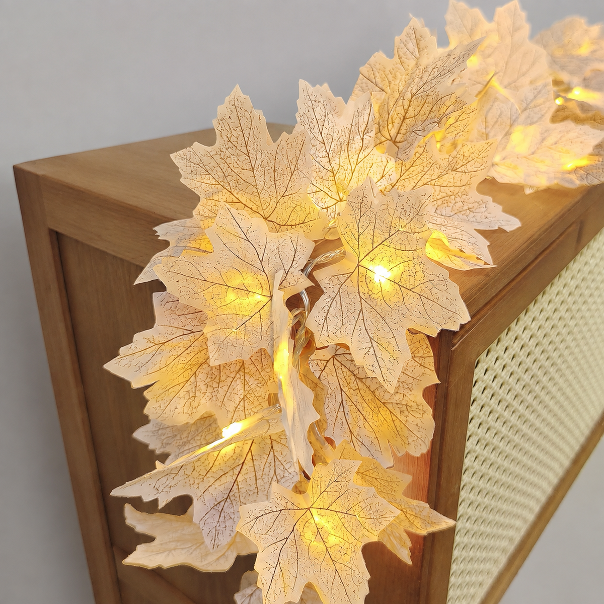 Two White Maple Leaf Garlands with Warm LED Lights