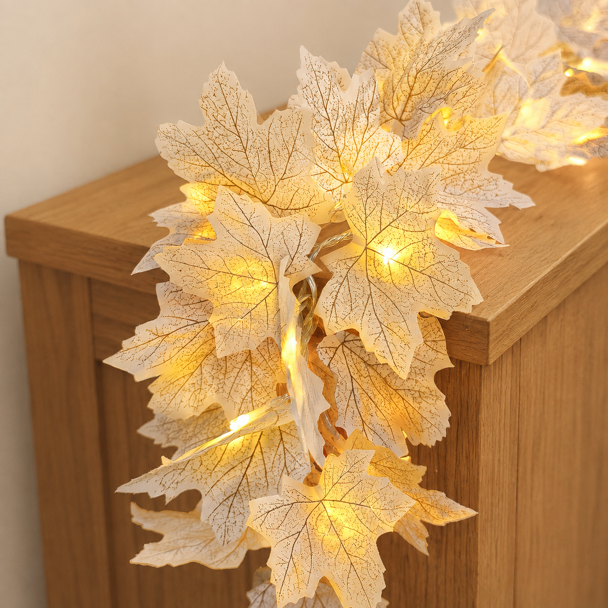 Two White Maple Leaf Garlands with Warm LED Lights