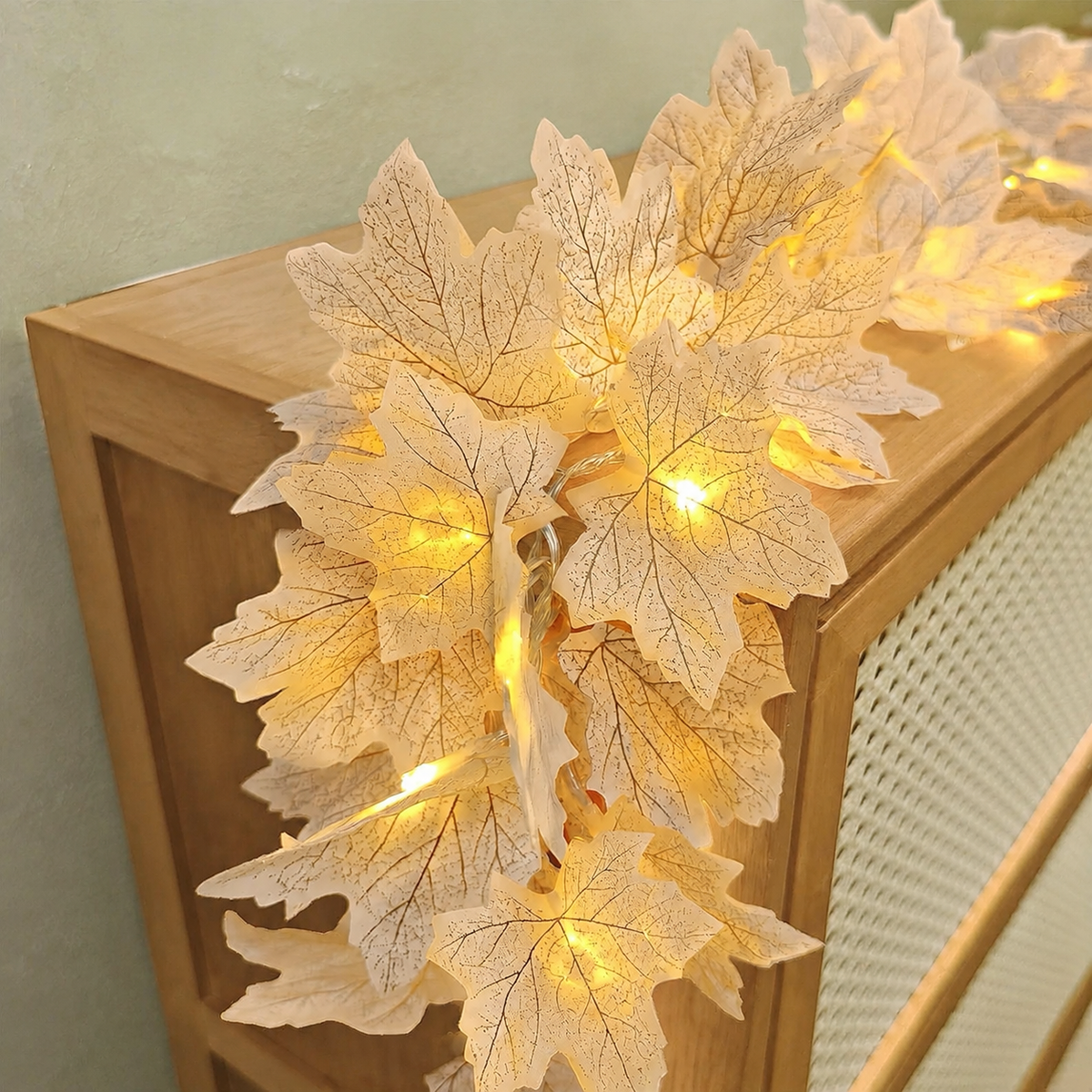 Two White Maple Leaf Garlands with Warm LED Lights