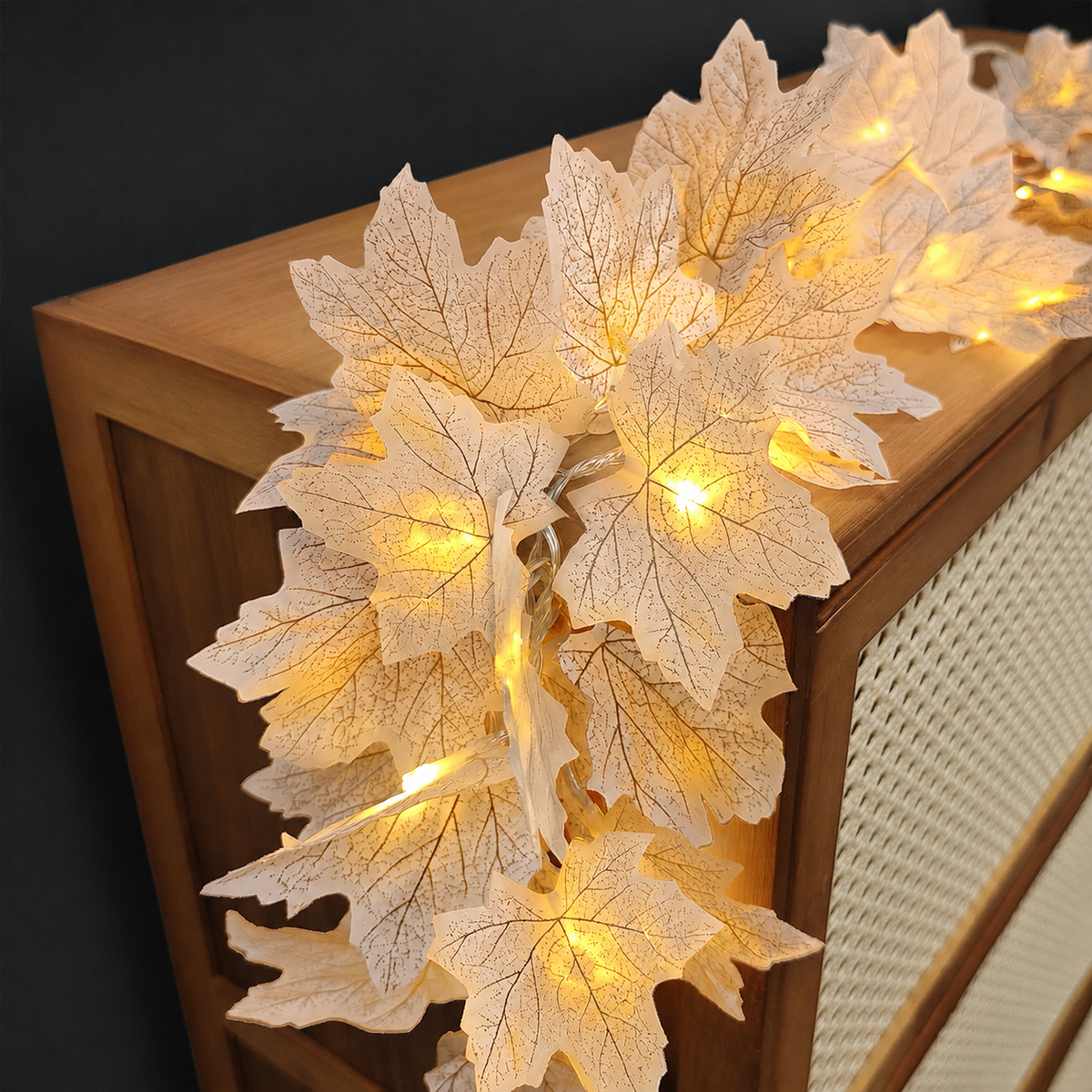 Two White Maple Leaf Garlands with Warm LED Lights