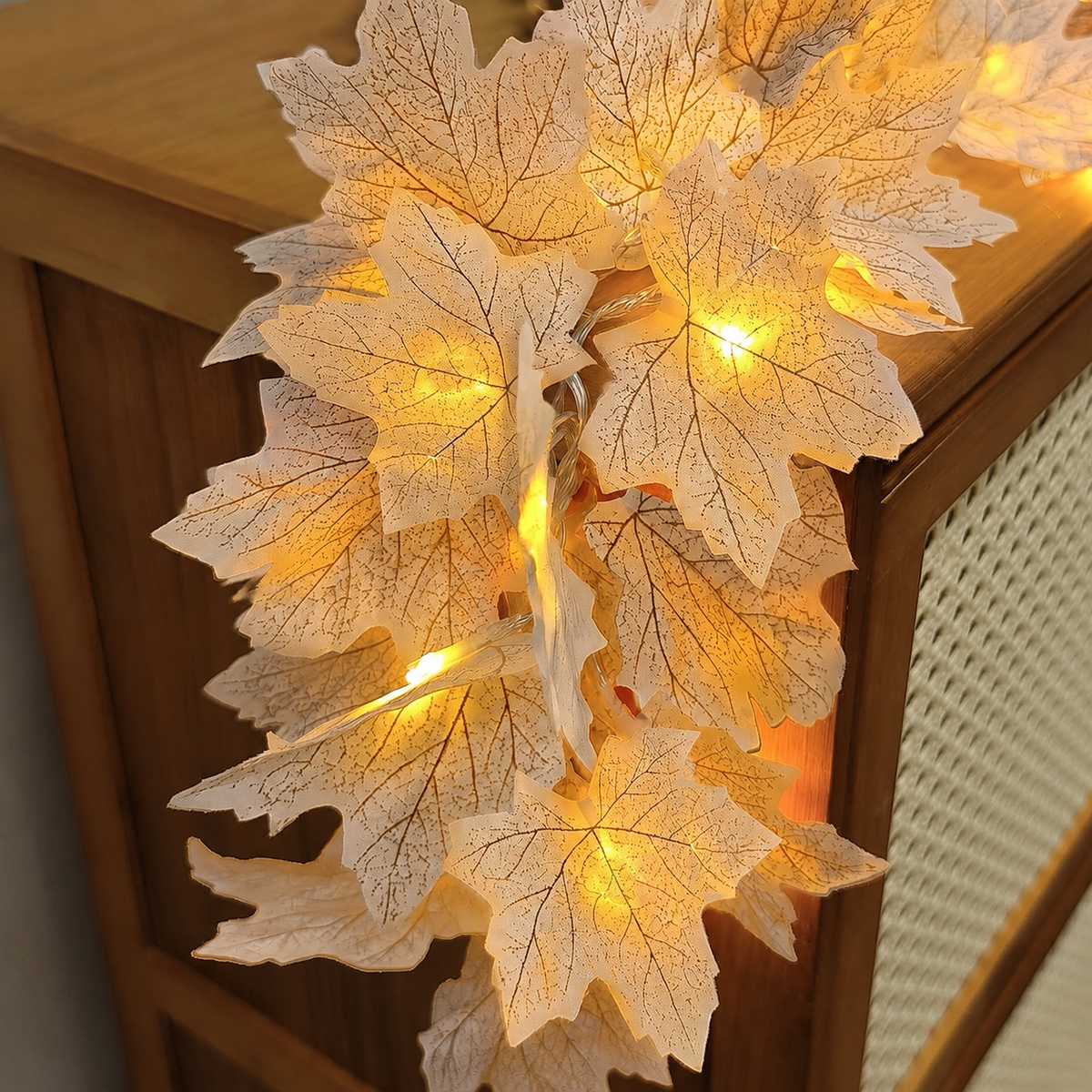 Two White Maple Leaf Garlands with Warm LED Lights