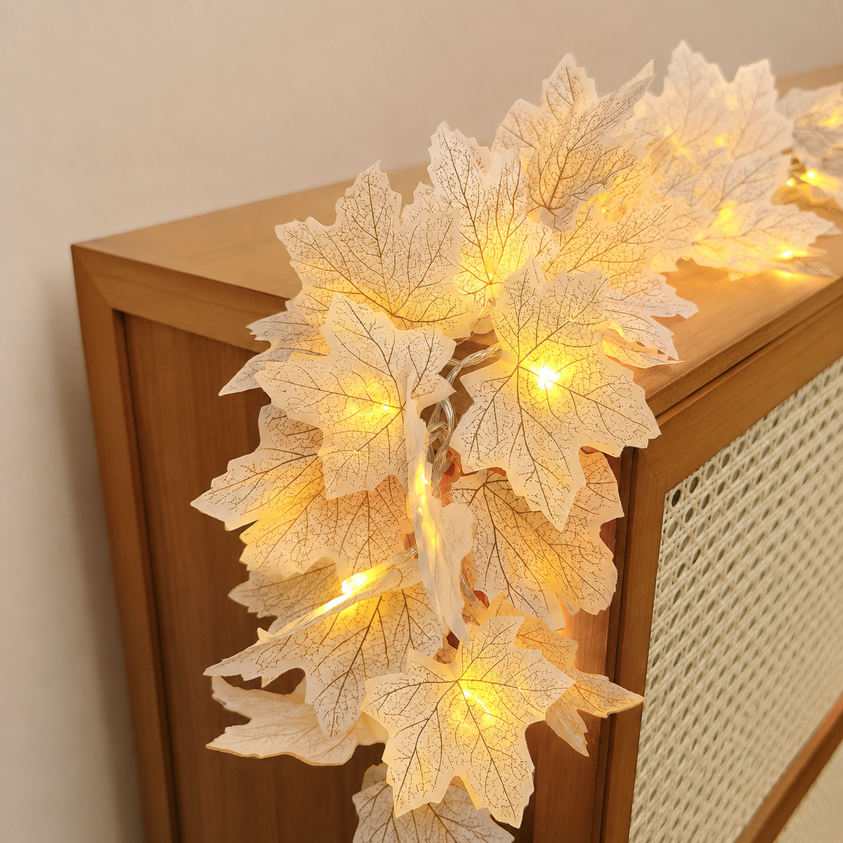 Two White Maple Leaf Garlands with Warm LED Lights