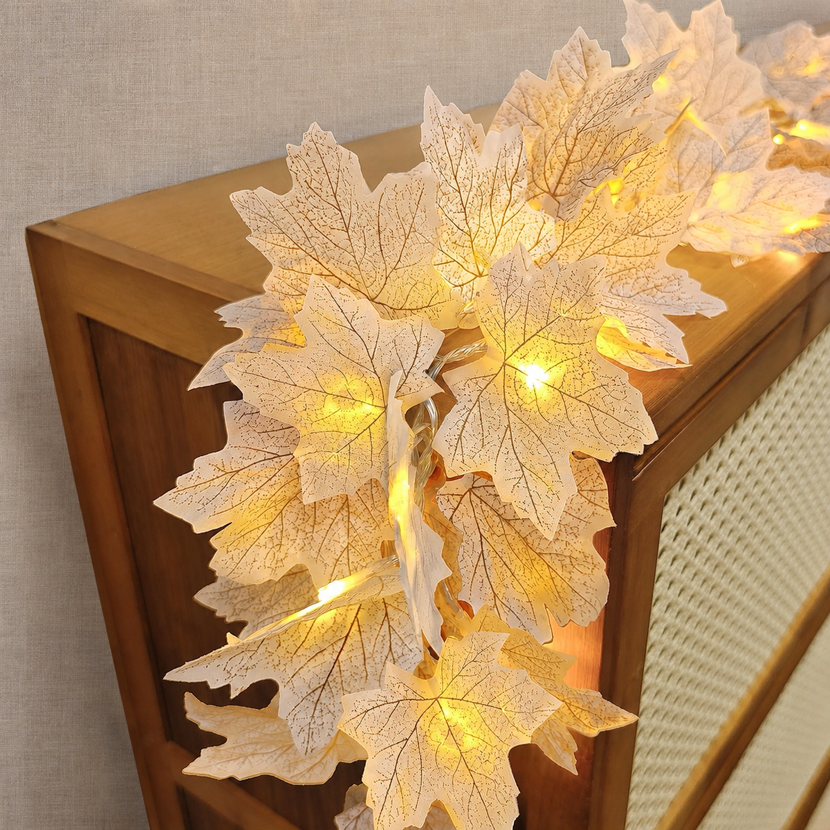 Two White Maple Leaf Garlands with Warm LED Lights