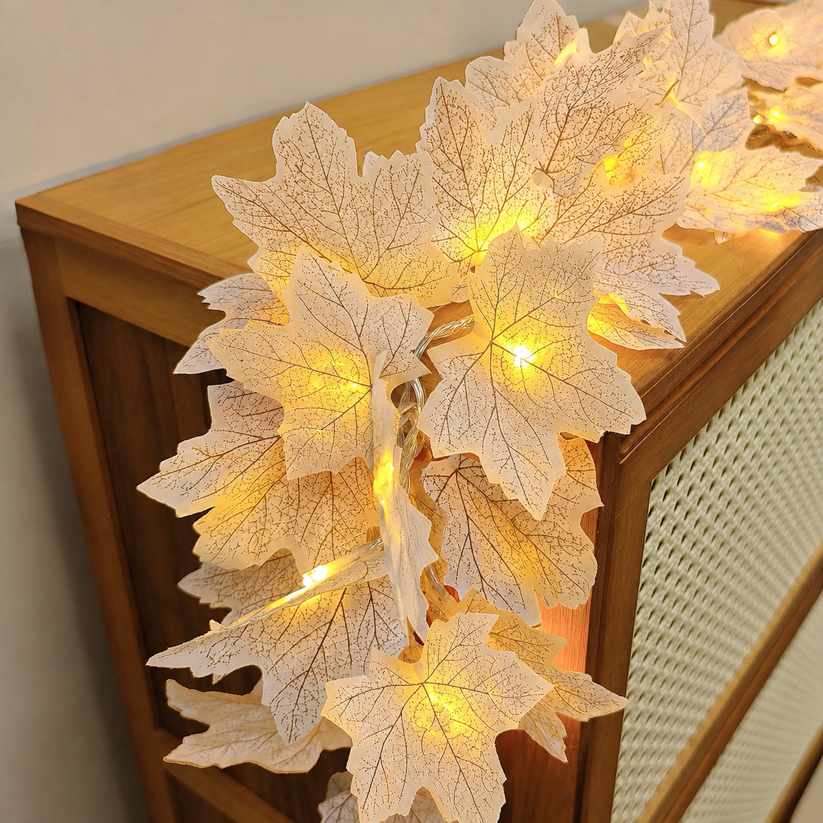 Two White Maple Leaf Garlands with Warm LED Lights