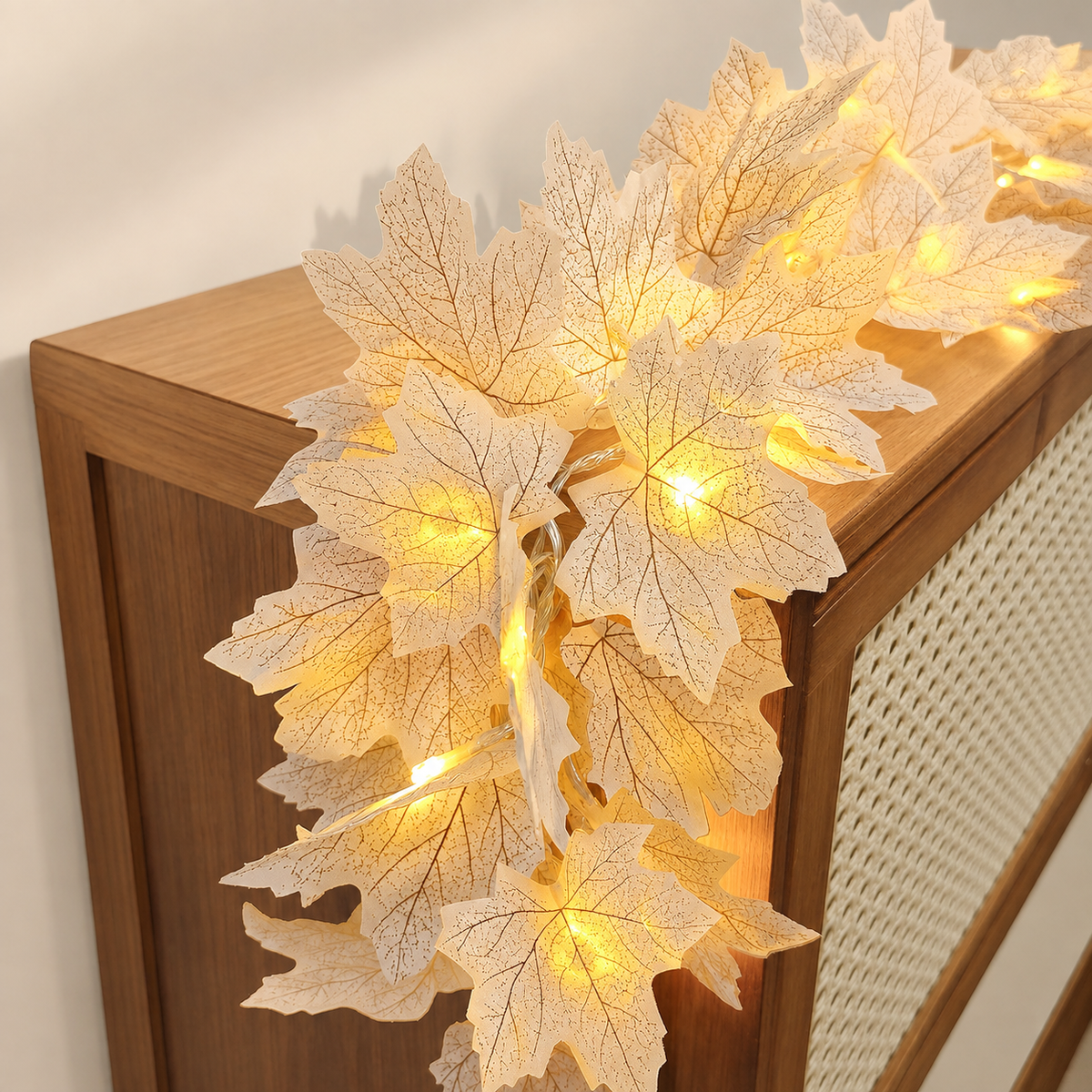 Two White Maple Leaf Garlands with Warm LED Lights