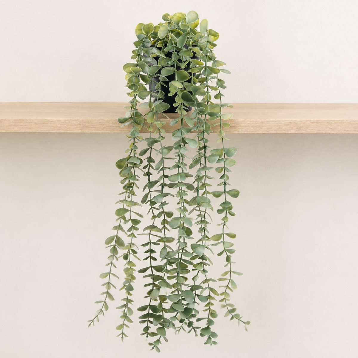 Faux Hanging Eucalyptus Plant in Black Pot, 24 Inch Gray Green Trailing Shelf Decor — styled view 2