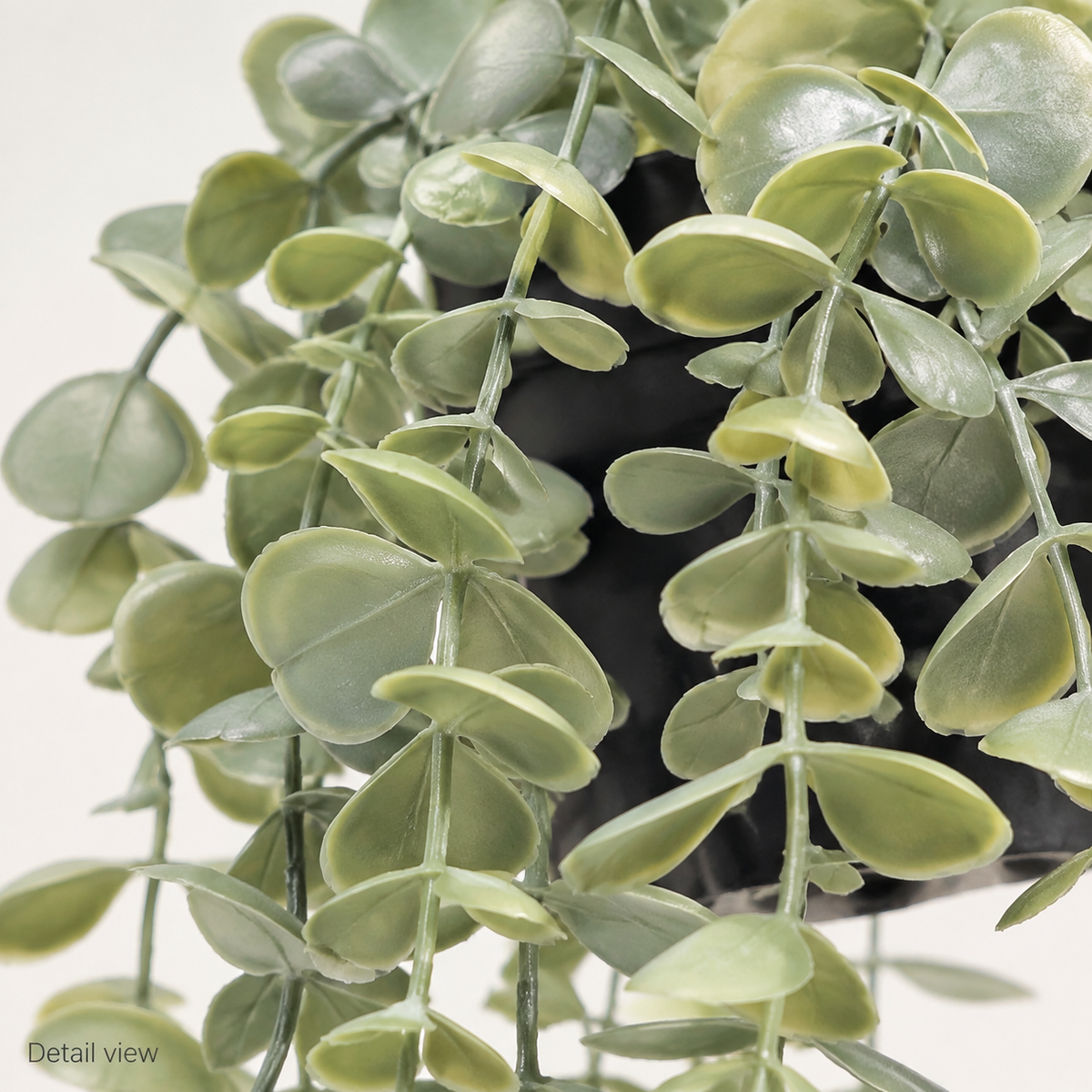 Faux Hanging Eucalyptus Plant in Black Pot, 24 Inch Gray Green Trailing Shelf Decor — foliage detail