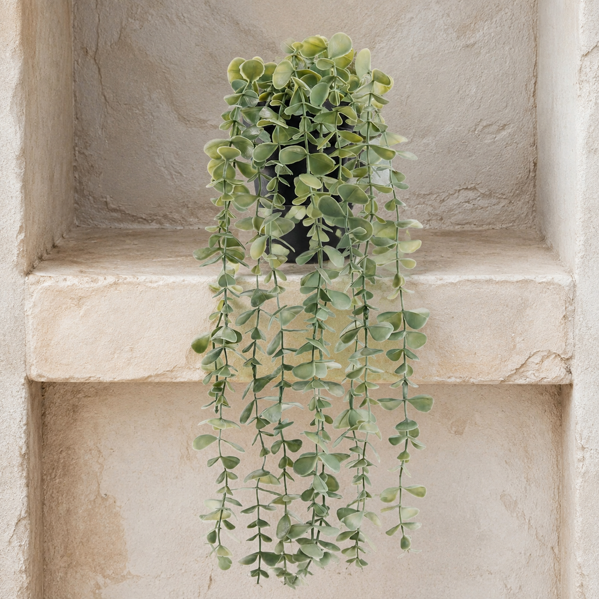 Faux Hanging Eucalyptus Plant in Black Pot, 24 Inch Gray Green Trailing Shelf Decor — styled view 6