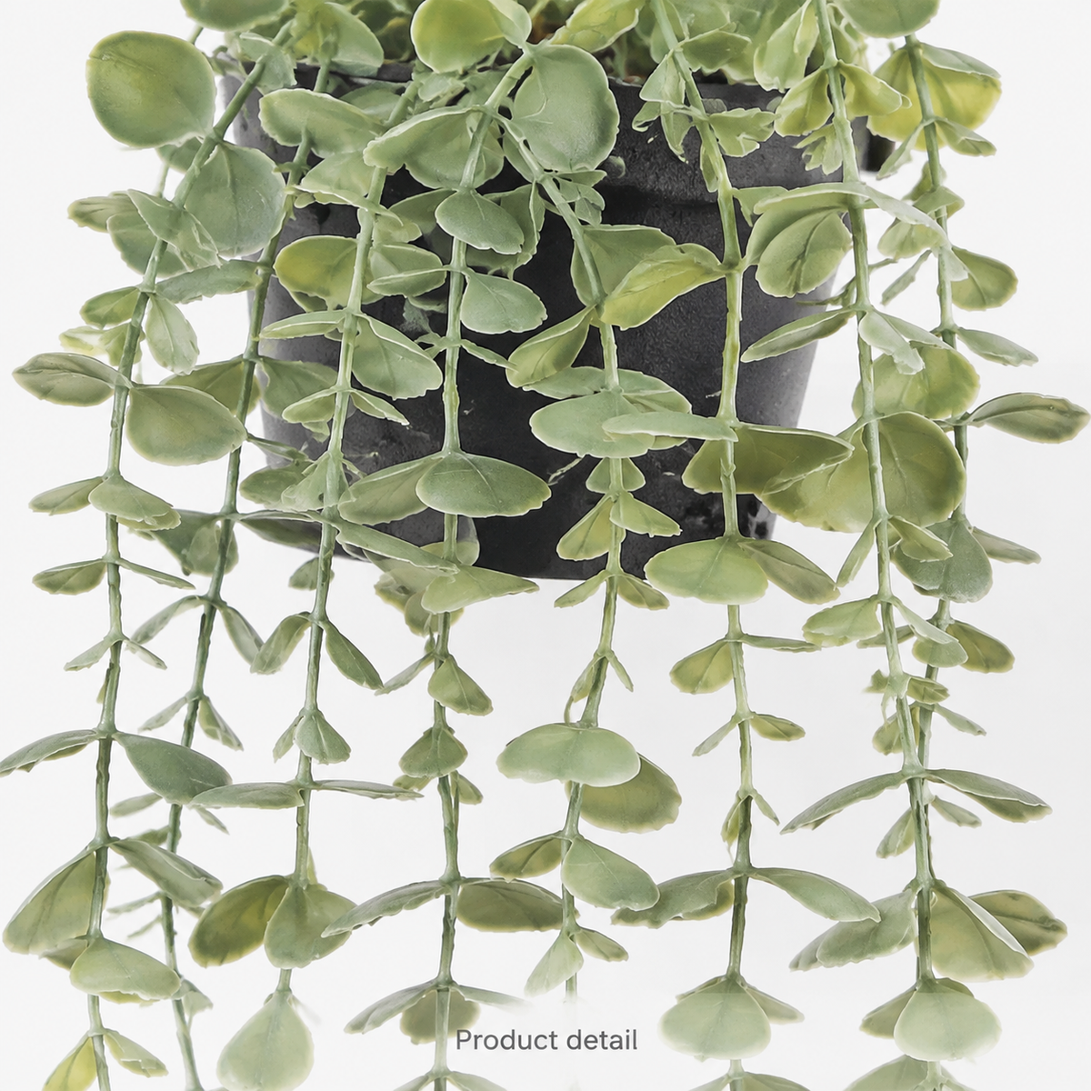 Faux Hanging Eucalyptus Plant in Black Pot, 24 Inch Gray Green Trailing Shelf Decor — foliage detail