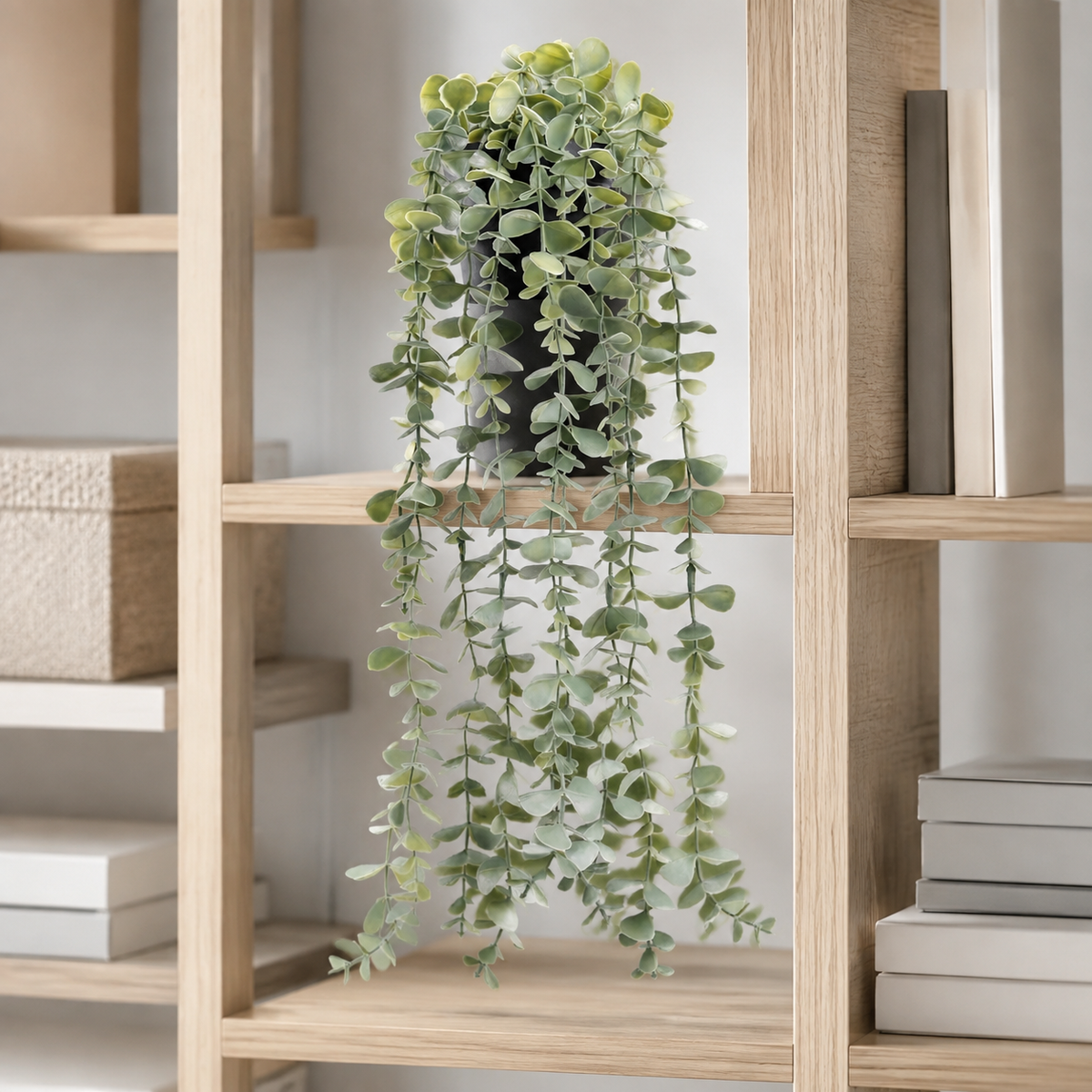 Faux Hanging Eucalyptus Plant in Black Pot, 24 Inch Gray Green Trailing Shelf Decor — styled view 8