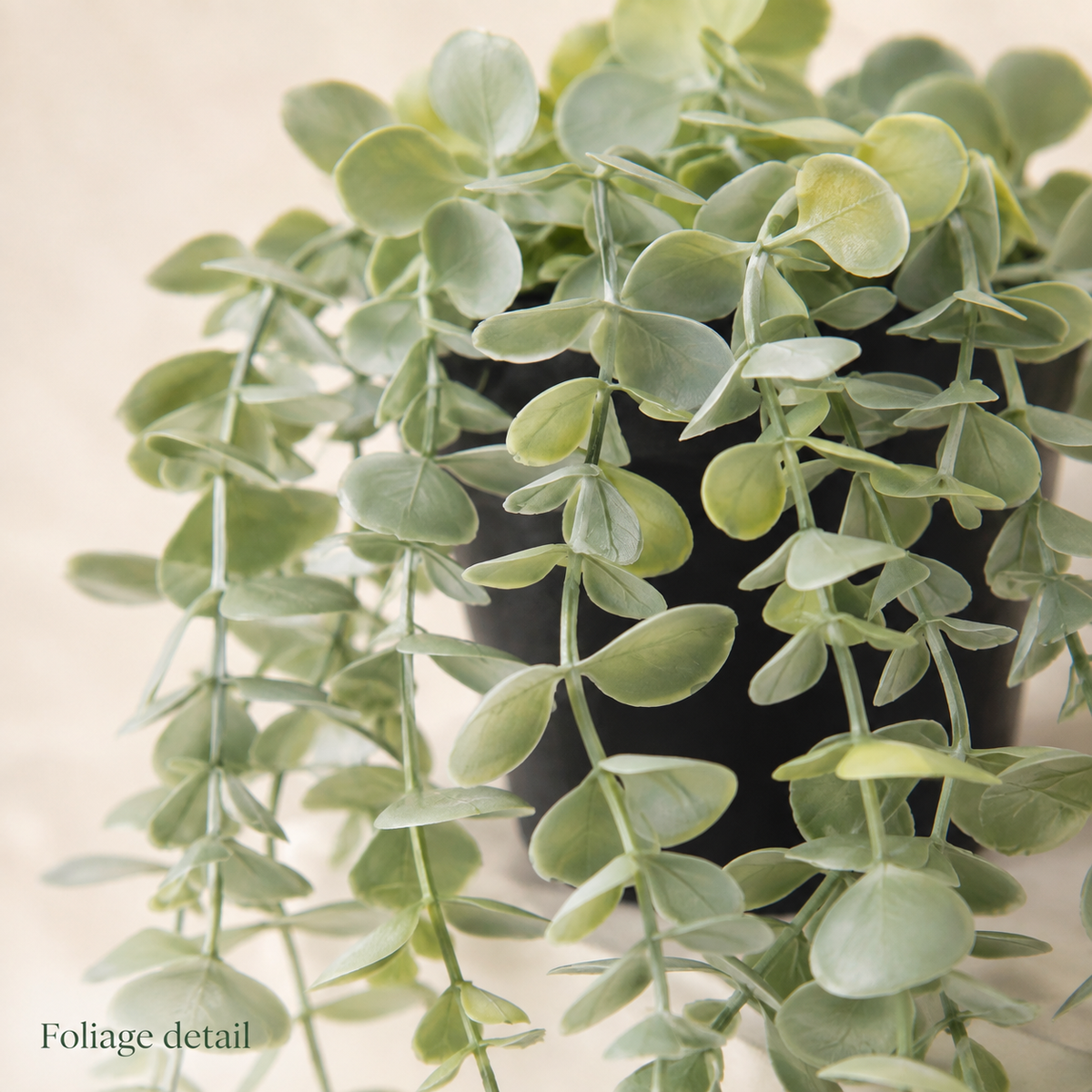 Faux Hanging Eucalyptus Plant in Black Pot, 24 Inch Gray Green Trailing Shelf Decor — foliage detail