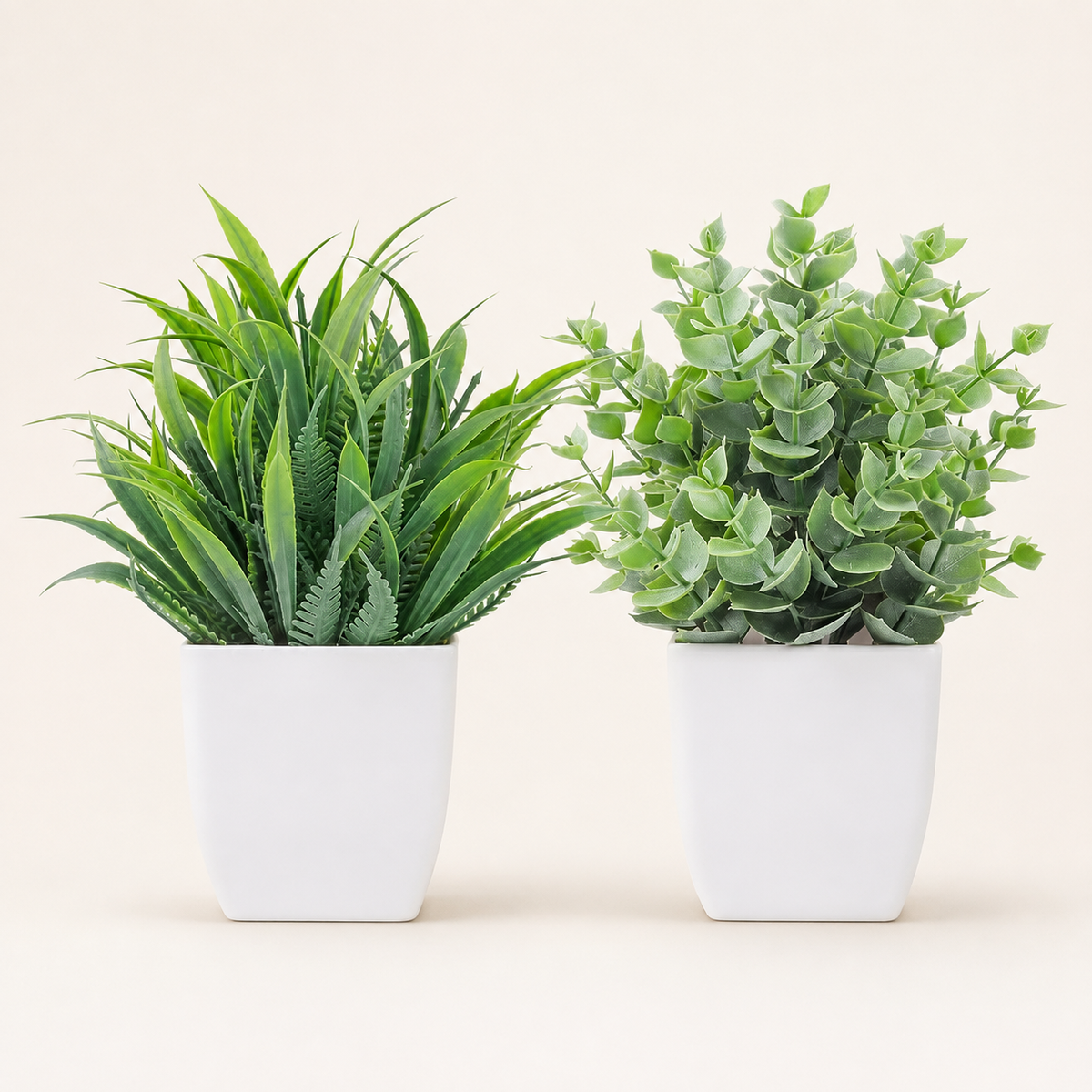 Set of 2 Mini Faux Plants in White Pots, Gray Green Eucalyptus and Grass Shelf Decor — styled view 1