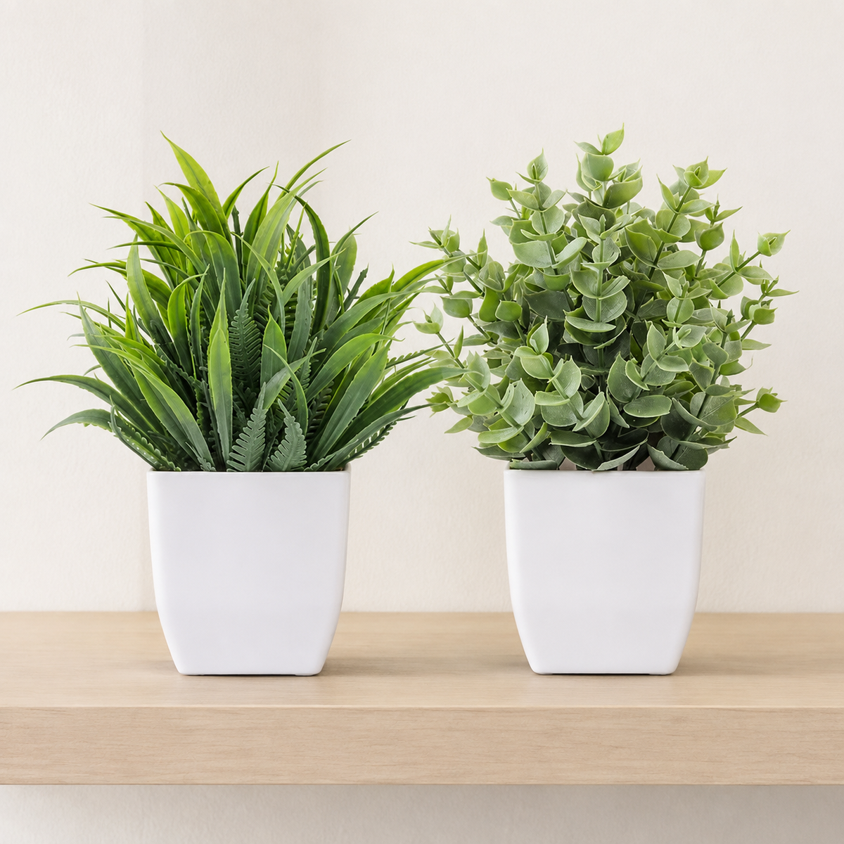 Set of 2 Mini Faux Plants in White Pots, Gray Green Eucalyptus and Grass Shelf Decor — styled view 2