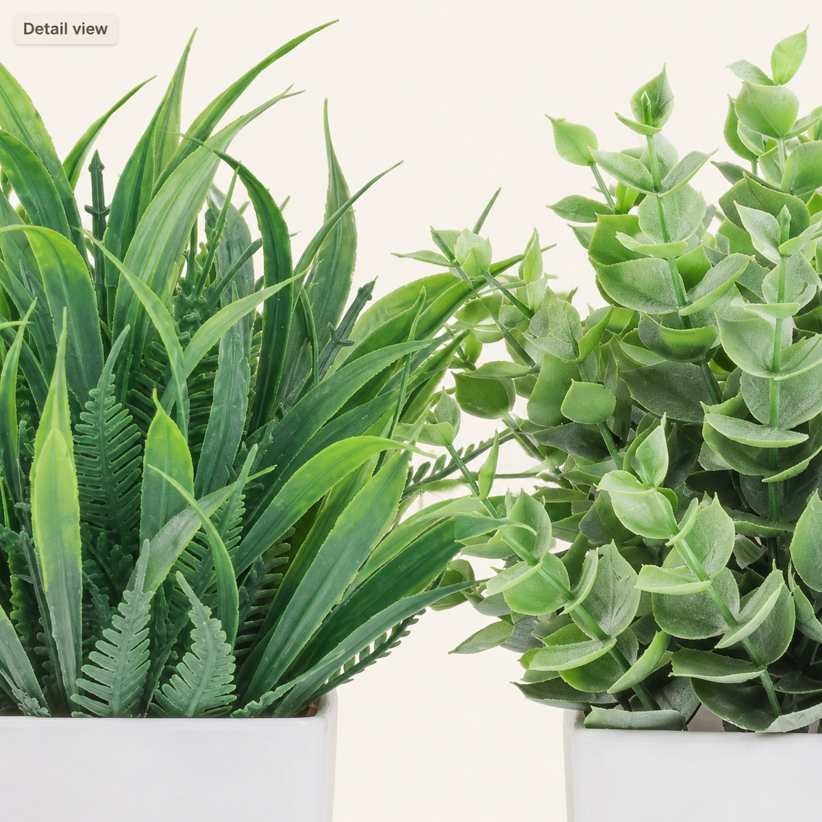 Set of 2 Mini Faux Plants in White Pots, Gray Green Eucalyptus and Grass Shelf Decor — foliage detail