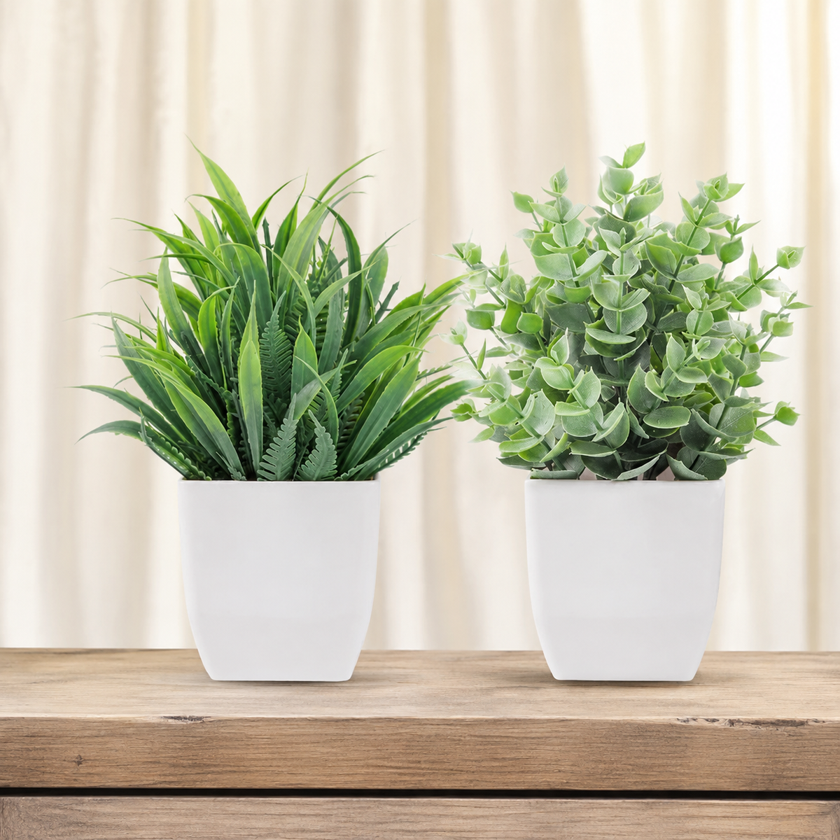 Set of 2 Mini Faux Plants in White Pots, Gray Green Eucalyptus and Grass Shelf Decor — styled view 4